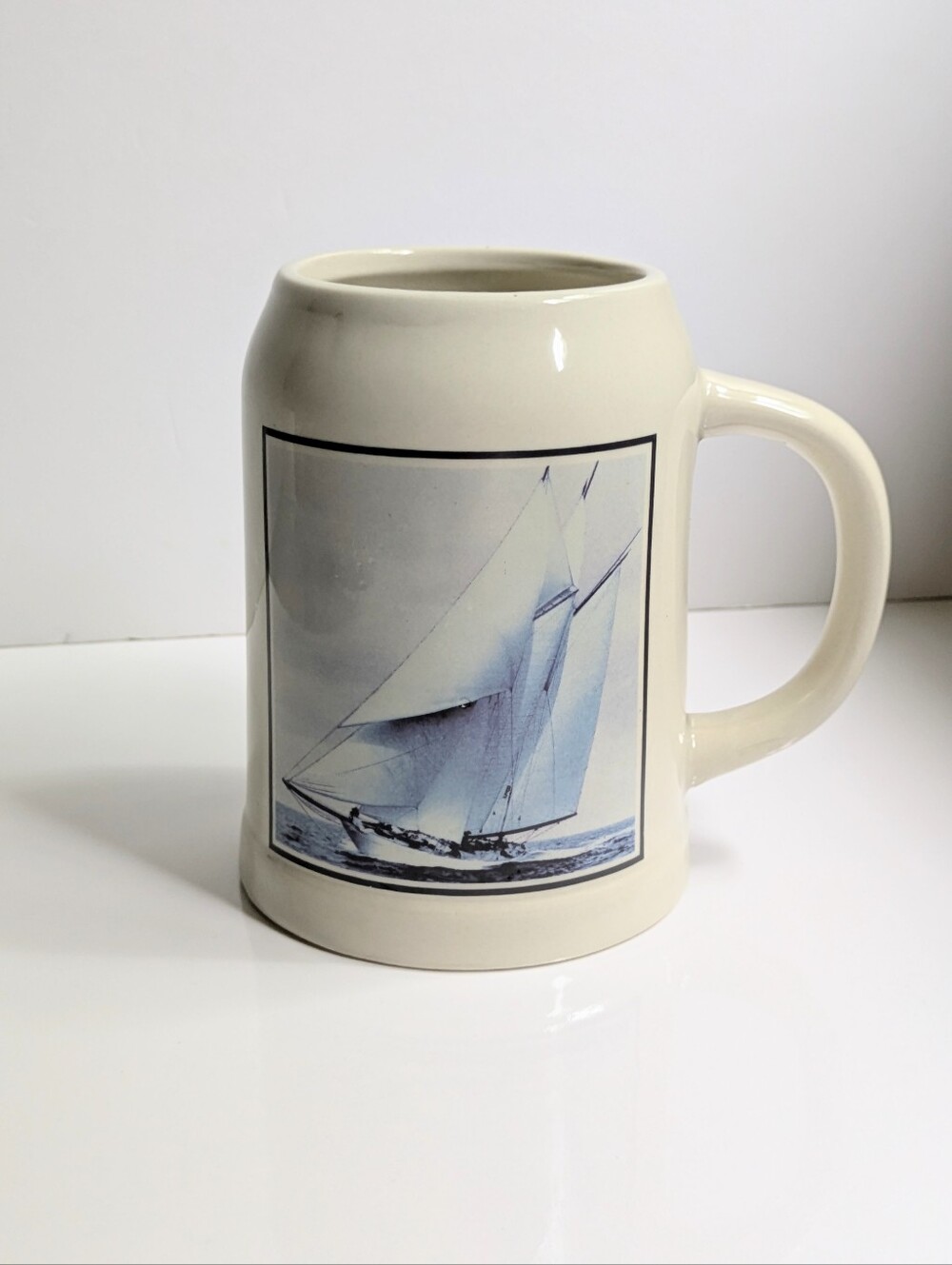 Sailboat Heavy Ceramic Beer Stein Clipper Ship Nautical Mug Blue and White